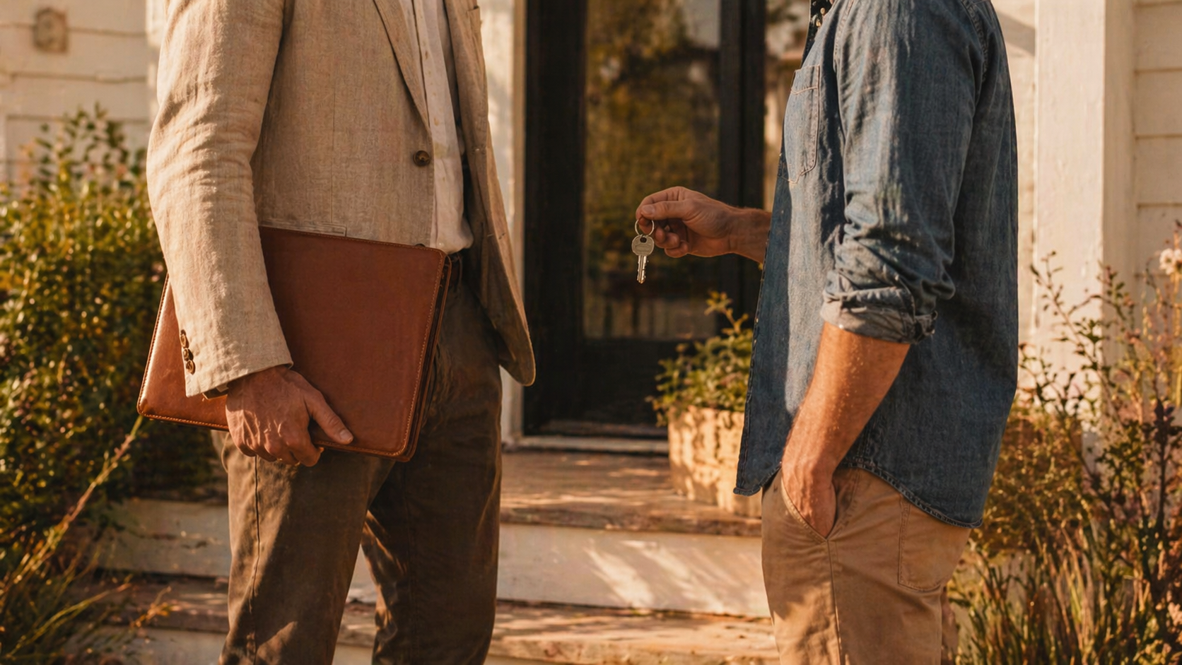 Agent meeting seller on a porch, warm editorial